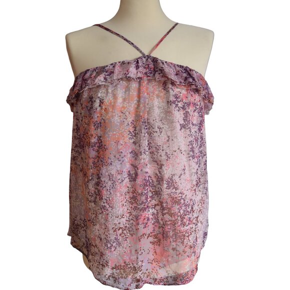 Joie 100% Silk Floral Ruffle Strap Cami Top M Abstract Print Boho Sheer - Picture 1 of 8